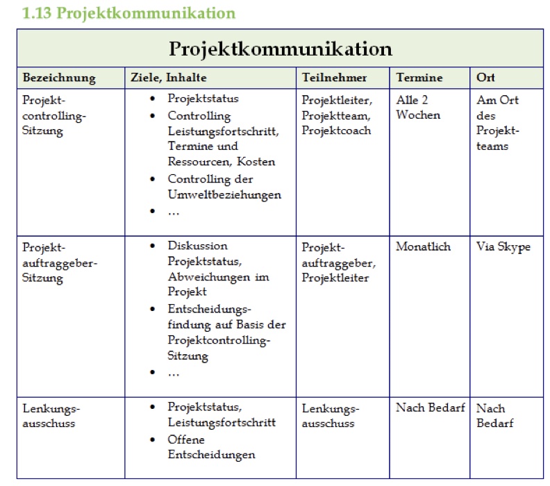 Abschnitt „Projektkommunikation“ im Projekthandbuch